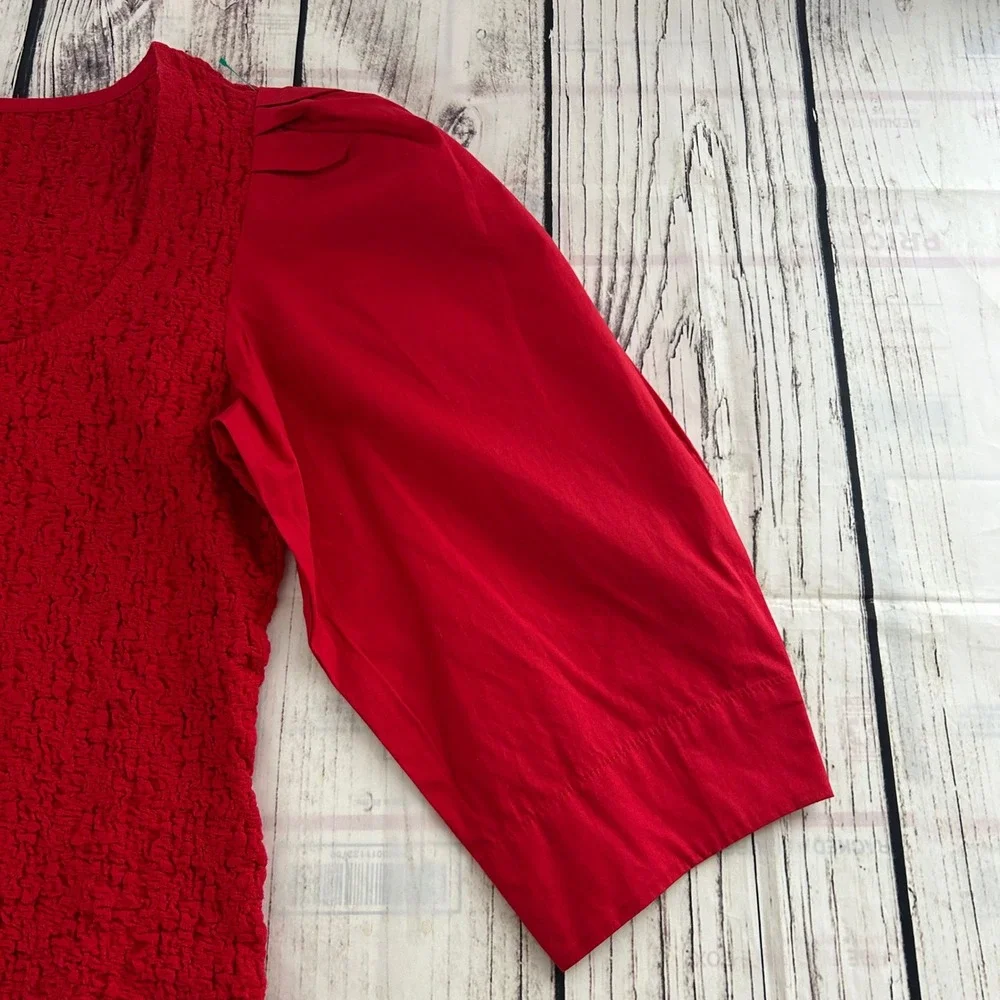 Anthropologie Red Textured Popcorn Knit Puff Sleeve Button Front Smocked Top L